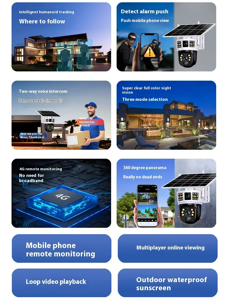 4G Solar Camera 6K 12MP Three Lens PTZ Dual screen PIR Human Tracking Color Night Vision Security CCTV Surveillance IP Camera