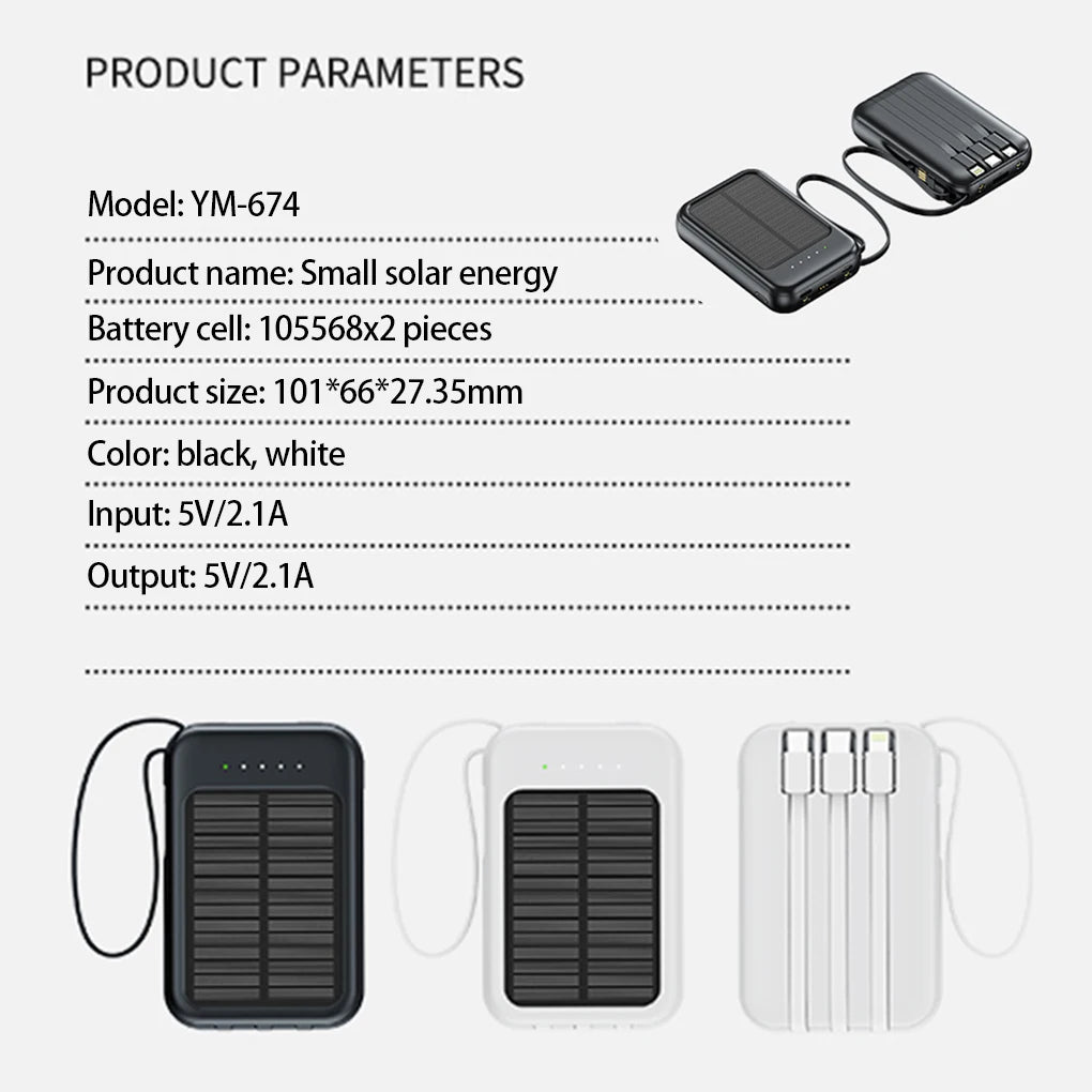 20000mAh High Capacity Solar Power Bank External Charger Powerbank LED Light New Solar Charger Built Cables 2 USB Ports