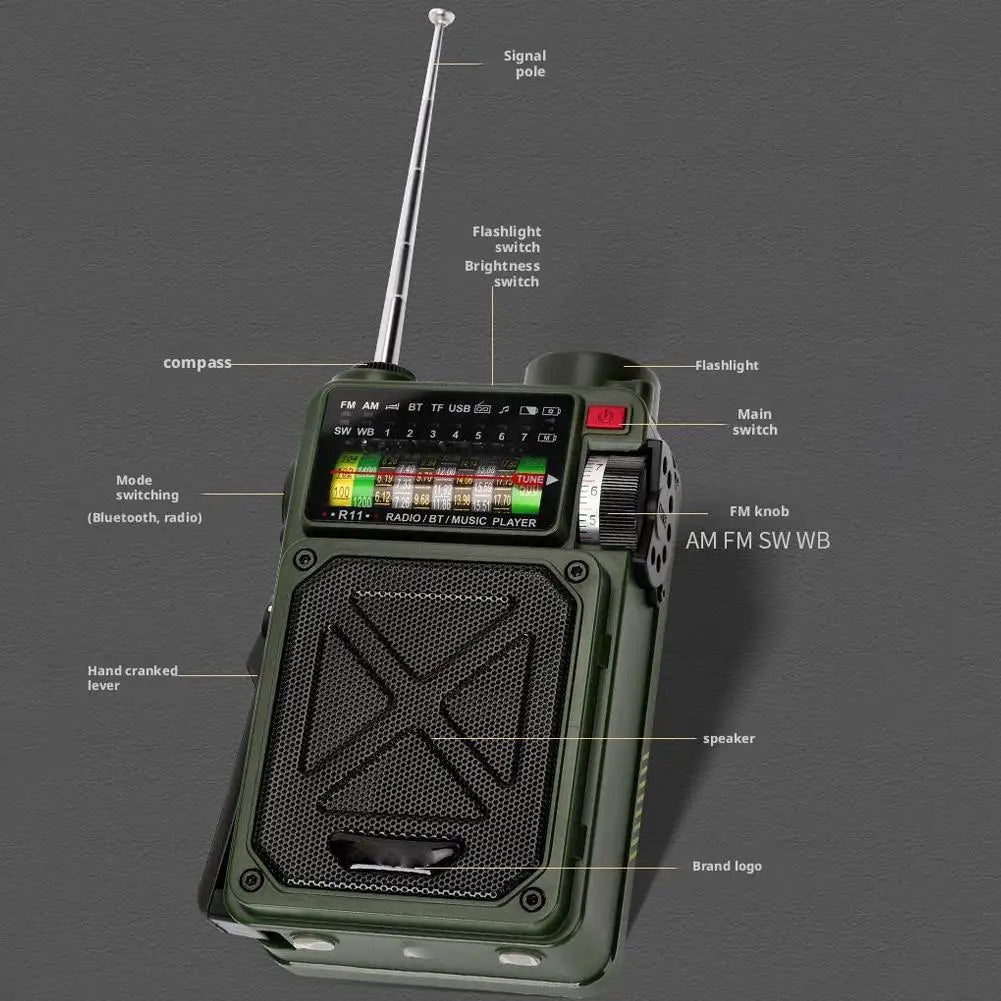 Portable Bluetooth Solar Radio USB Playback TF Card Solar Power Bank Hand-cranked Flashlight Full-band Radio Camping Accessories