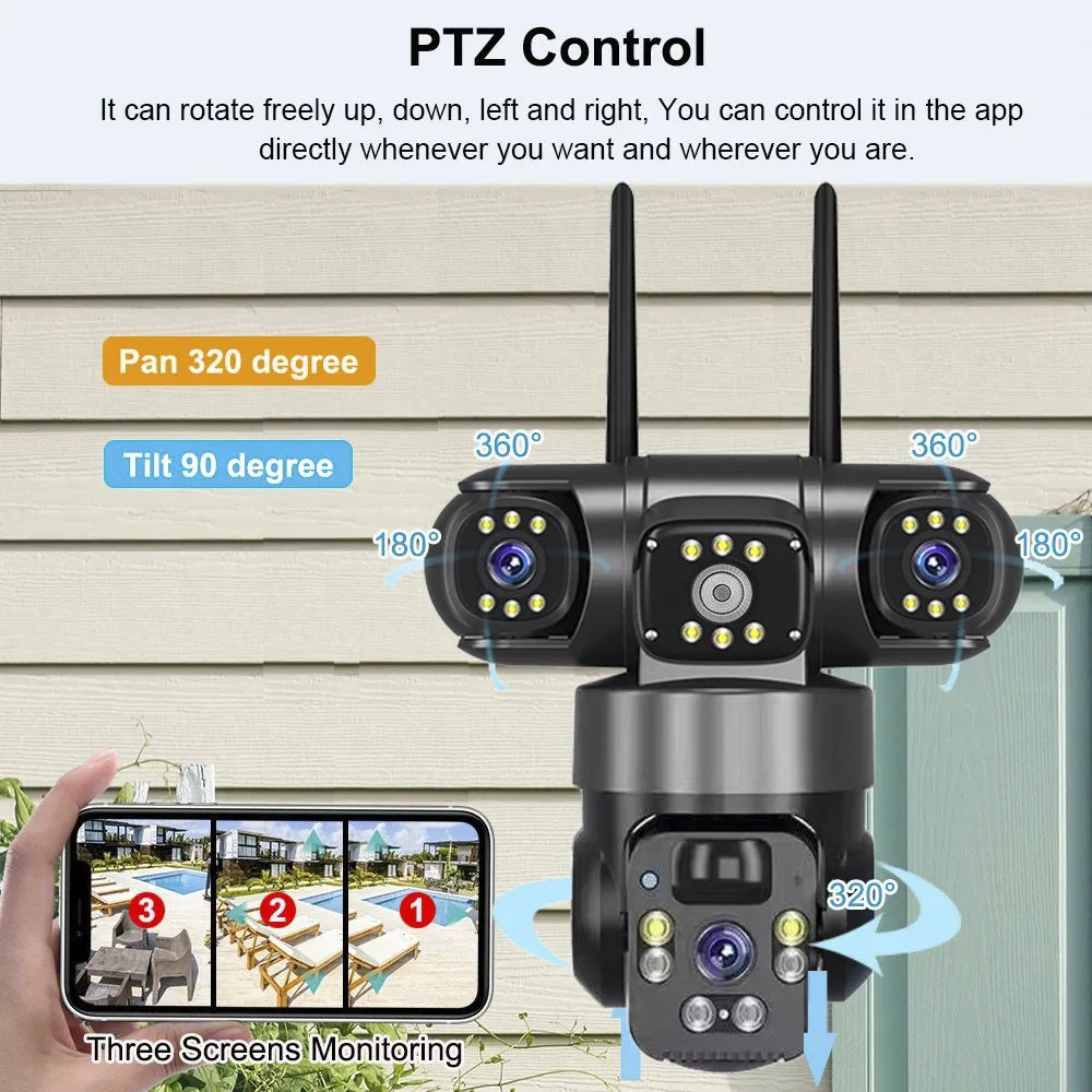 12MP Solar Surveillance Camera Wireless Outdoor 3 Lens Solar IP Camera PIR Color Night Vision Auto Tracking Battery CCTV Camera