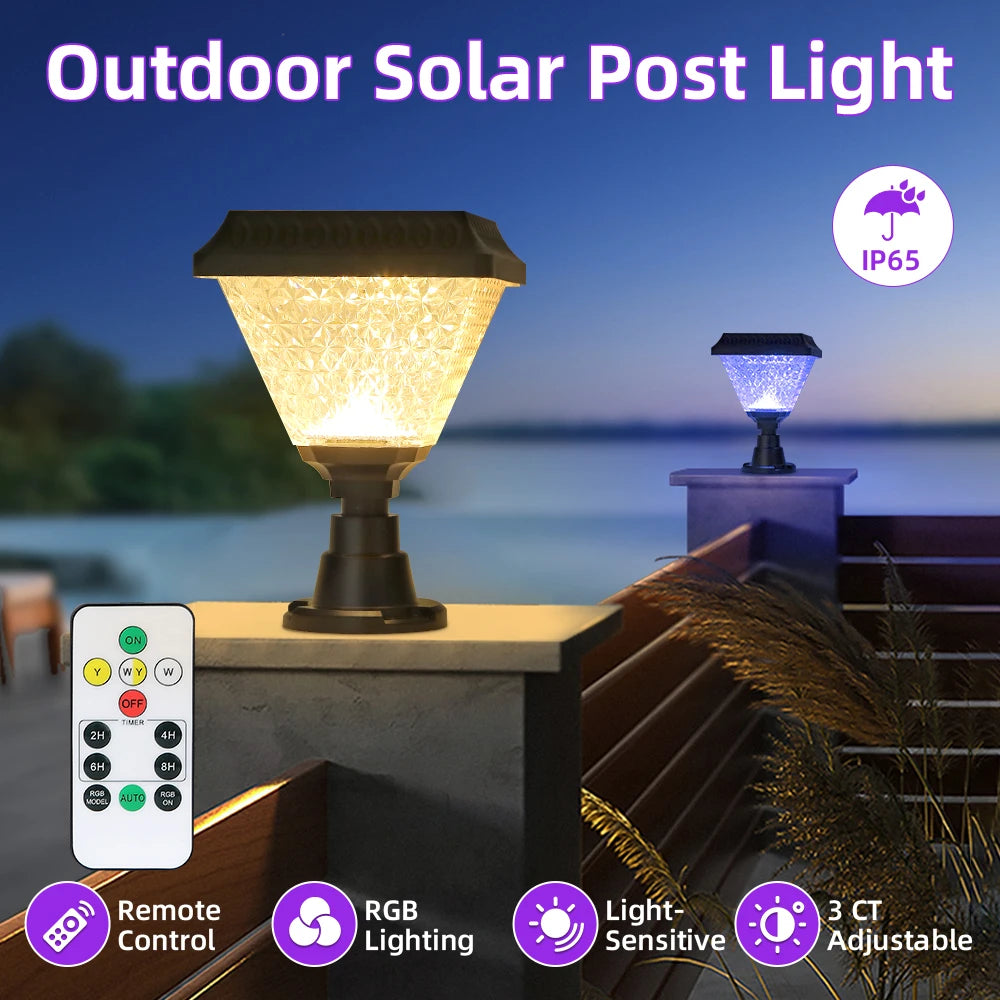Timed Outdoor Solar Pillar Lights IP65 LED Garden Fence Light Remote Control Dimming RGB Post Lights Auto on/off Street Sunlight