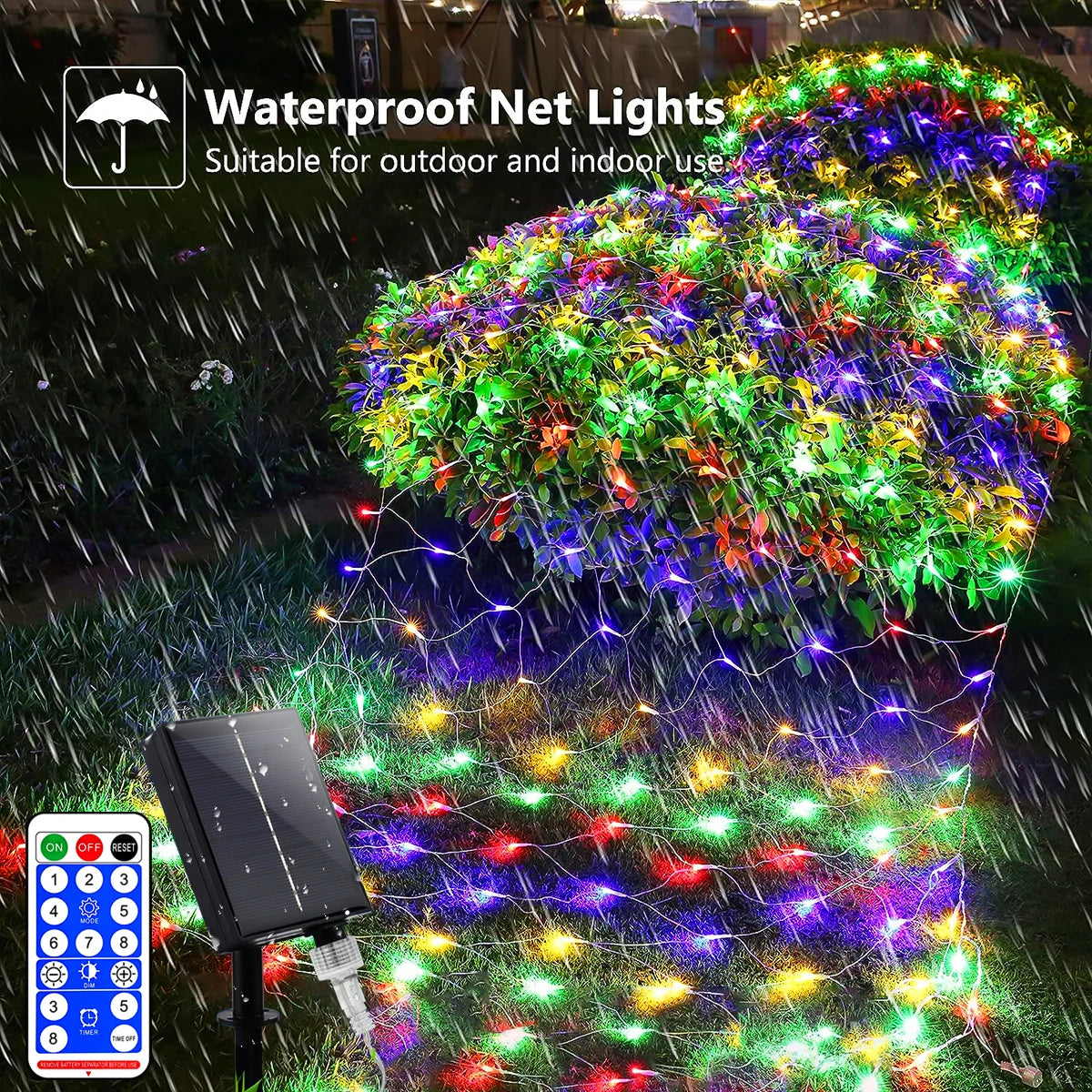 1pc Solar Net Lights Bush Net Lights Mesh Lights 8 Modes Remote Control Auto On/Off Outside Twinkle Lights For Patio Wall Roof