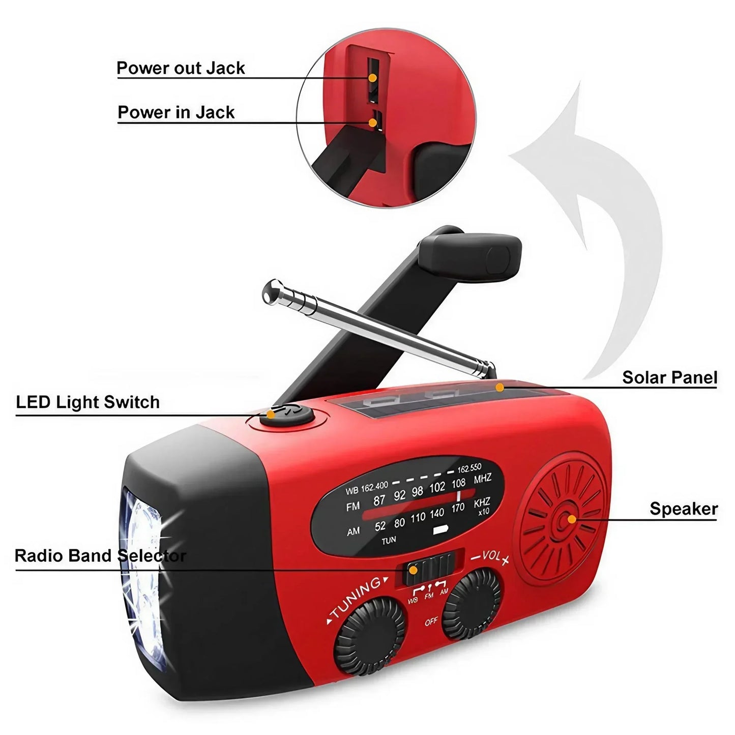 2000mA Outdoor Emergency Radio Portable Power Generation Radio Disaster Prevention Solar Hand Crank Radio AM/FM Radio