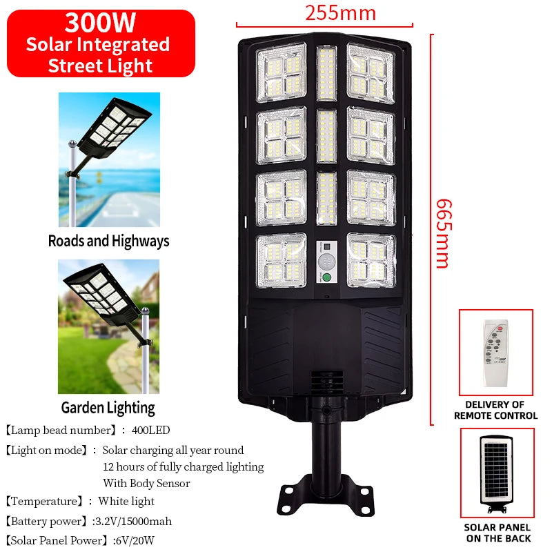 2025 New Solar Street Light 300W Waterproof IP65 Outdoor Motion Sensor LED Lamp with Remote Control for Garden Yard Pathway