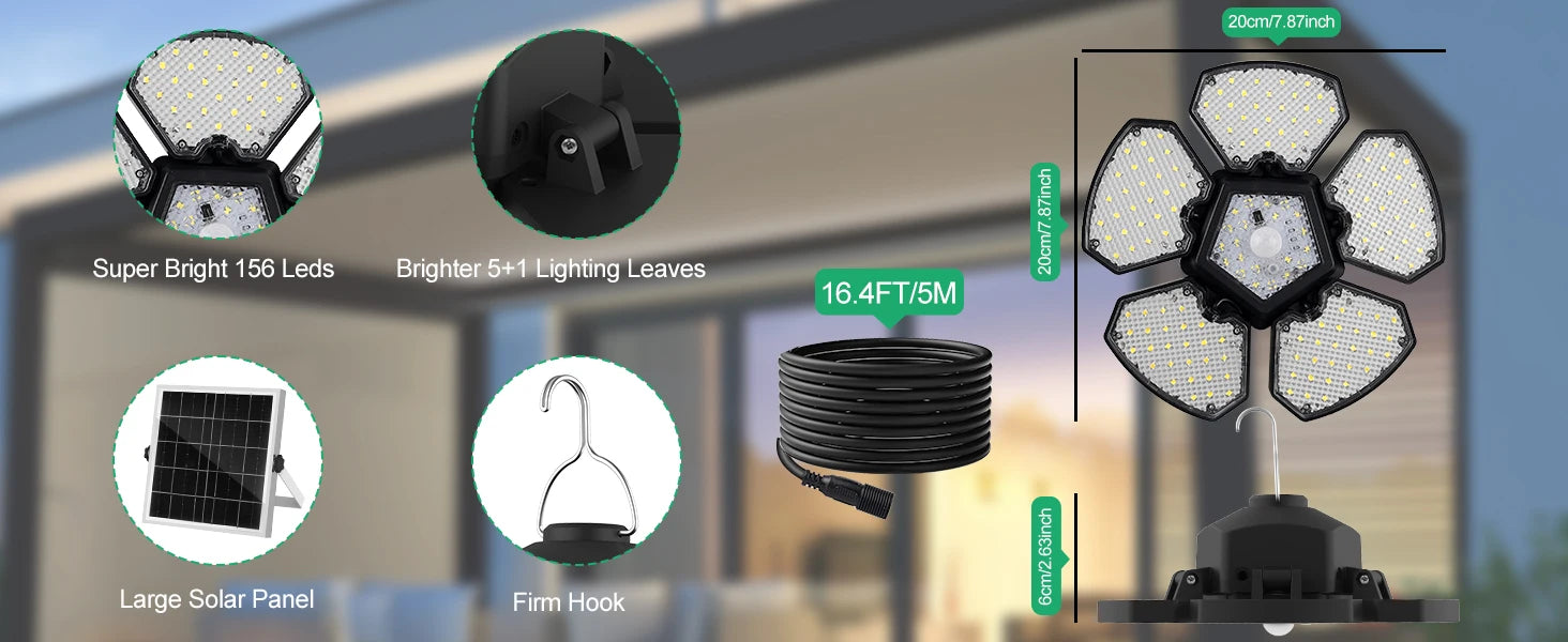 Solar Shed Light Indoor Outdoor Garage Balcony Motion Sensor Pandent Lights 156LEDS Waterproof Courtyard Security hanging Lamp