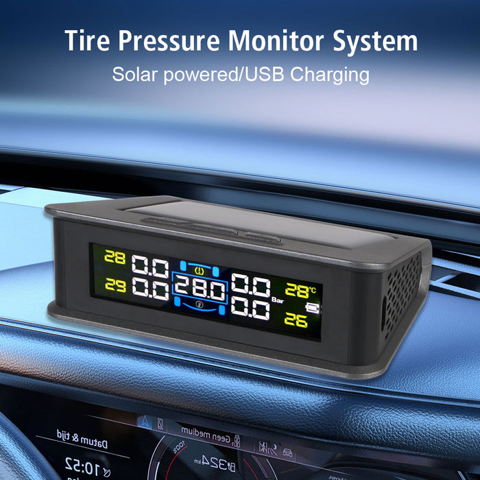 Solar/USB Powered Auto Security Alarm Systems Tire Pressure Monitoring System Digital LCD Display Car TPMS 4 Sensors Built-in