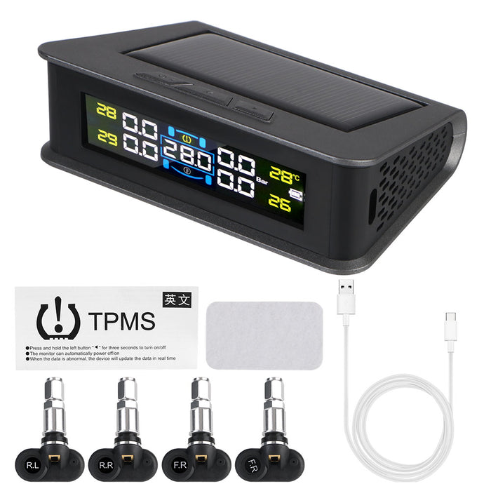 Solar/USB Powered Auto Security Alarm Systems Tire Pressure Monitoring System Digital LCD Display Car TPMS 4 Sensors Built-in