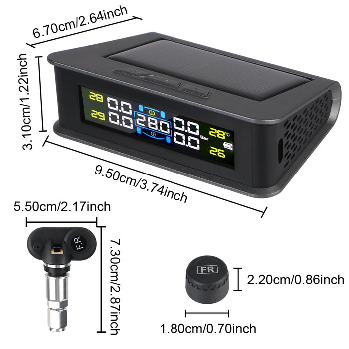 Solar/USB Powered Auto Security Alarm Systems Tire Pressure Monitoring System Digital LCD Display Car TPMS 4 Sensors Built-in