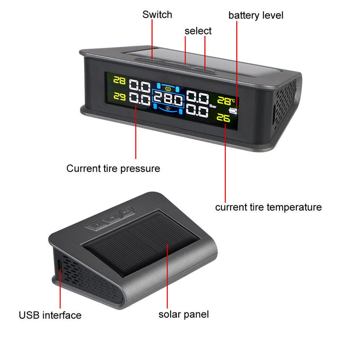 Solar/USB Powered Auto Security Alarm Systems Tire Pressure Monitoring System Digital LCD Display Car TPMS 4 Sensors Built-in