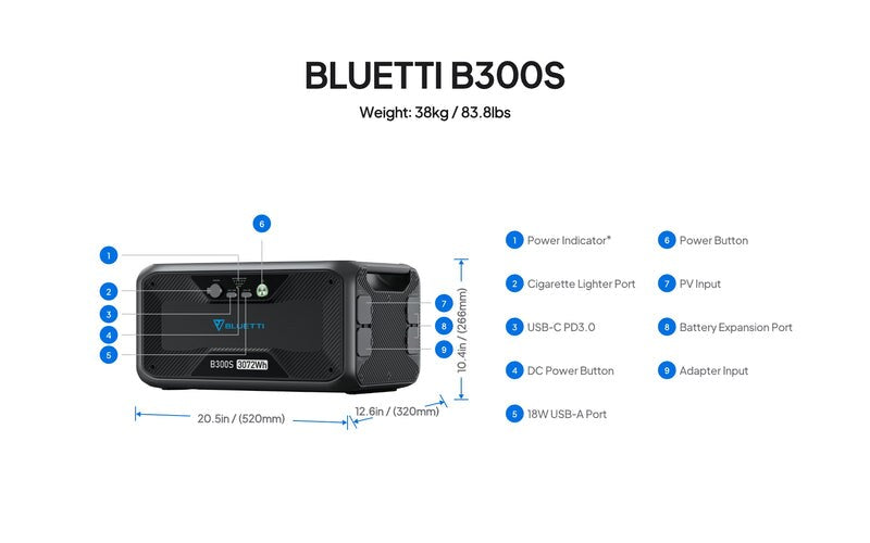 Bluetti P-B300S-US-GY-BL-010 100Wh 60Ah Lithium Iron Phosphate Expansion Battery 500W Max