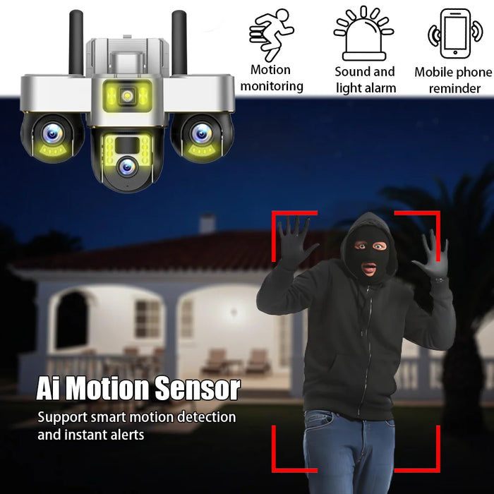 Solar Powered 3-Lens Security Camera with Smart Night Vision, Waterproof & 12MP HD Resolution for Outdoor Surveillance Camera