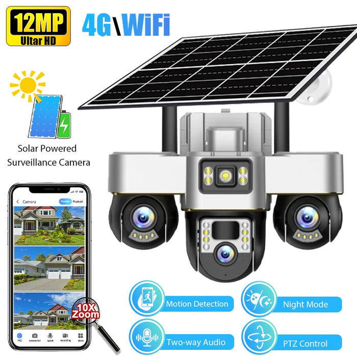 Solar Powered 3-Lens Security Camera with Smart Night Vision, Waterproof & 12MP HD Resolution for Outdoor Surveillance Camera
