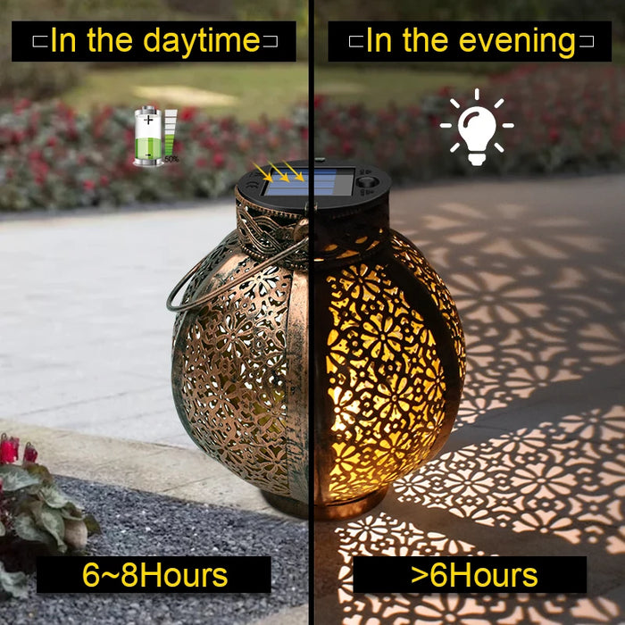 Hanging Solar Lanterns Retro Hollow Solar Lights with Handle Outdoor Solar Garden Lights Decor for Yard Tree Fence Patio Bronze