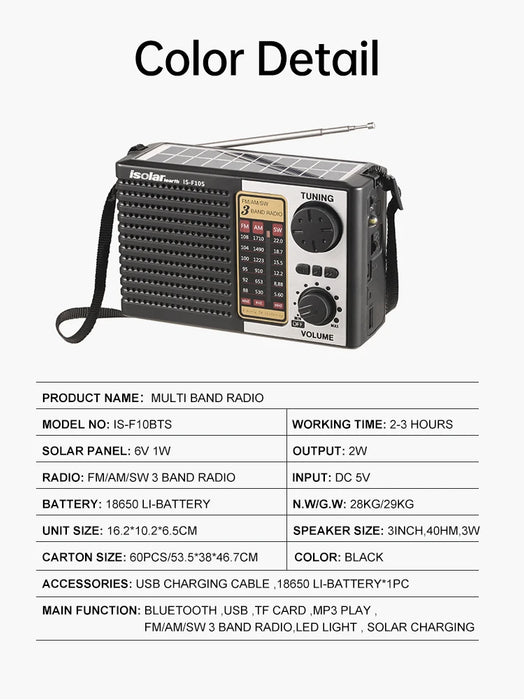 Multi Band FM Radio Solar Charging Emergency Radio with LED Lights Wireless Bluetooth Speaker Supports TF USB FM / AM / SW Radio