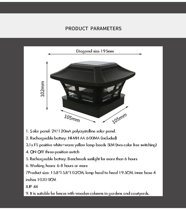 Solar Outdoor Post Cap Lights - 10x10- Bright LED Light for Fence Deck Garden or Patio Posts, White & Warm Light, 3-Gear Modes
