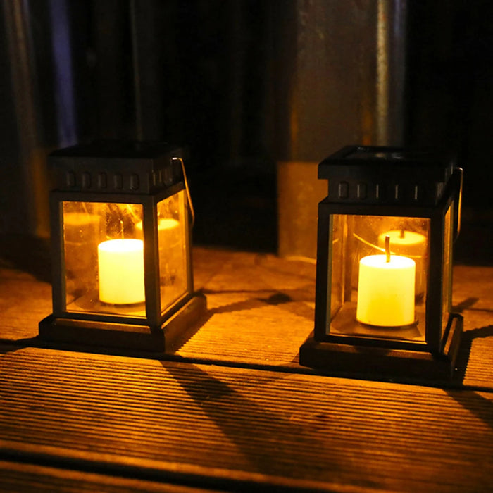 Retro Lantern Candle Twinkle Light Solar Powered Lamp Waterproof Outdoor Garden Decoration Light Warm Flame Flashing Tea Light