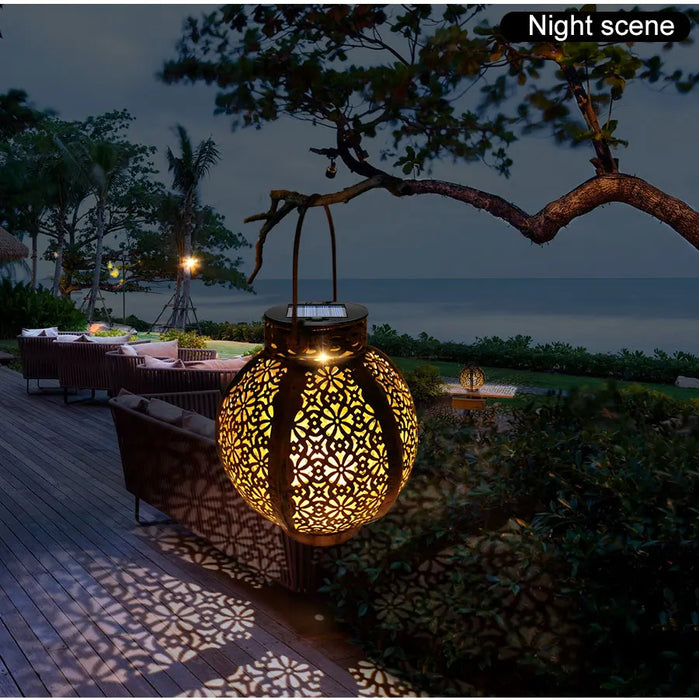 Hanging Solar Lanterns Retro Hollow Solar Lights with Handle Outdoor Solar Garden Lights Decor for Yard Tree Fence Patio Bronze