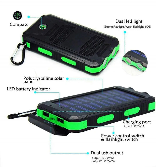 20000mAh Solar Power Bank Outdoor Portable Charger Powerbank Waterproof External Battery Dual USB Charging with LED Light
