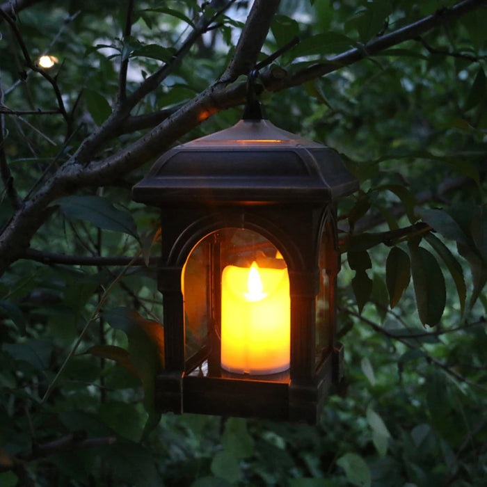 Retro Lantern Candle Twinkle Light Solar Powered Lamp Waterproof Outdoor Garden Decoration Light Warm Flame Flashing Tea Light