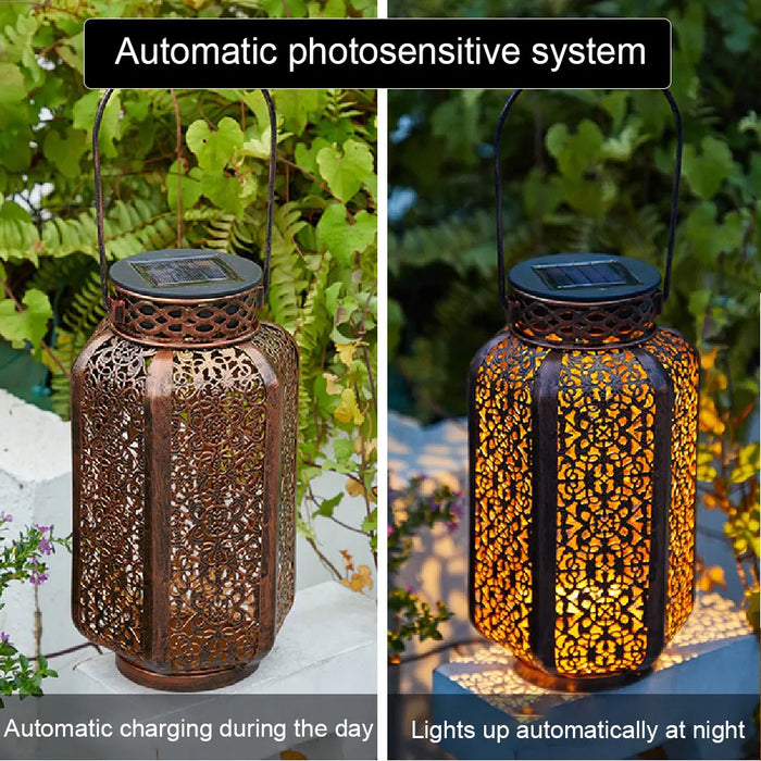 Solar LED Light Outdoor Hanging Lantern Garden with Handle Retro Metal Waterproof Patio Yard Pathway Decorative for Christmas