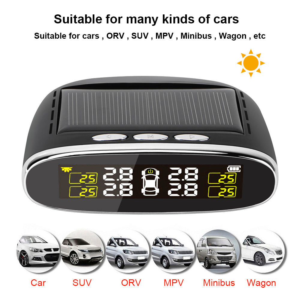 Car Tire Pressure Alarm Monitor System Solar Power TPMS Temperature Alert LCD Display With 4 Internal/External Sensor