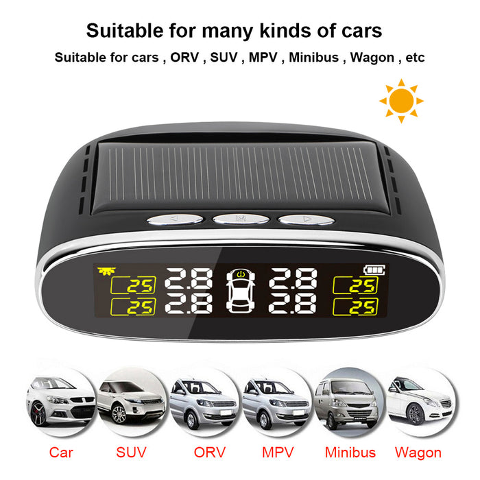 Car Tire Pressure Alarm Monitor System Solar Power TPMS Temperature Alert LCD Display With 4 Internal/External Sensor