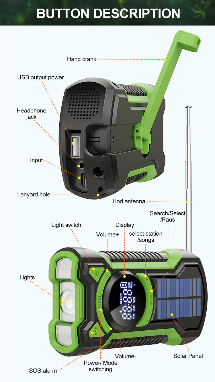 5000mAh Emergency Radio Hand Crank Solar, IP65 Waterproof Dustproof Bluetooth 5.3 Portable AM/FM/NOAA Weather Alert Radio