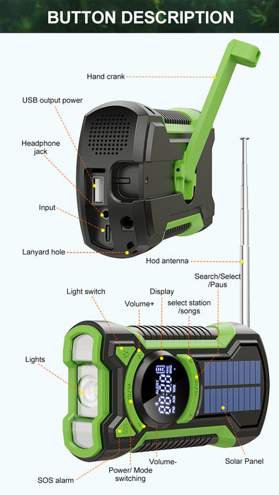 Emergency Radio Hand Crank Solar 5000mAh, IP65 Waterproof Dustproof Bluetooth 5.3 Portable AM/FM/NOAA Weather Alert Radio