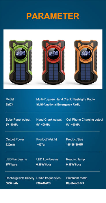 Emergency Radio Hand Crank Solar 5000mAh, IP65 Waterproof Dustproof Bluetooth 5.3 Portable AM/FM/NOAA Weather Alert Radio