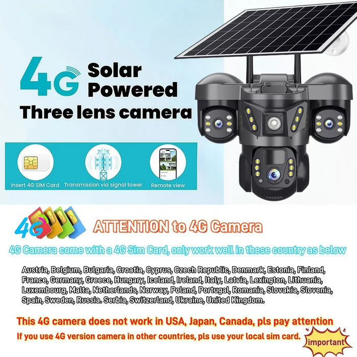 Solar 4G Camera 15MP Triple Lens Triple Screen 10x Zoom Outdoor Waterproof Battery Surveillan PIR Human Detection V380 Pro Cam
