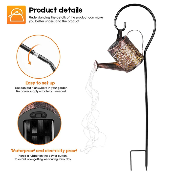 Outdoor Solar Watering Can Light Star Shower Garden Art LED String Light Pathway Patio Hanging Lantern Kettle Decorative Lamp