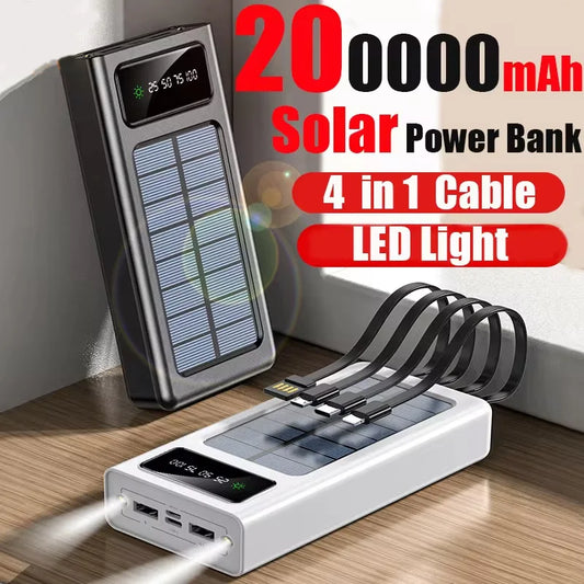200000mAh Solar Power Bank USB 4 in1 Super Fast Charging Ultra Capacity USB TypeC LED Light Outdoor Power Bank For iPhone Xiaomi