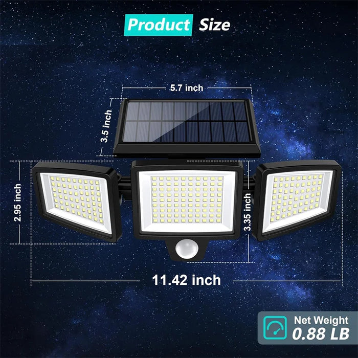 Solar Security Lights 210 LED 3 Head Motion Sensor Flood Light w/ Remote Waterproof 270° Wall Light with 3 Modes for Garage Yard