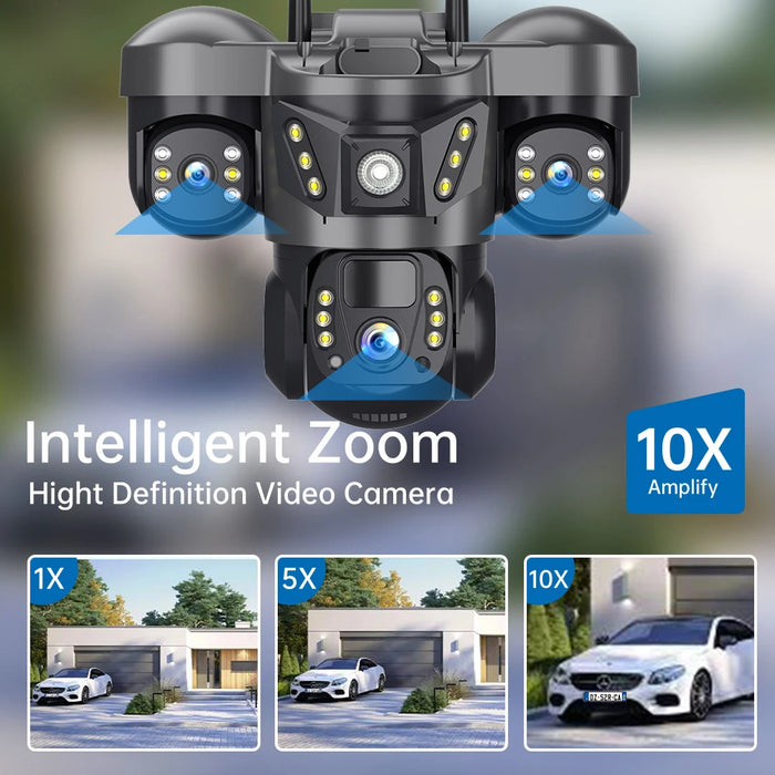 Solar 4G Camera 15MP Triple Lens Triple Screen 10x Zoom Outdoor Waterproof Battery Surveillan PIR Human Detection V380 Pro Cam