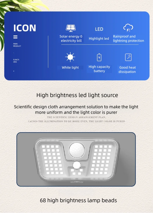 Solar Lights Outdoor Garden 68 LED Super Bright Solar Security Wall Lights Small Fence Light Motion Sensor Waterproof Door Yard