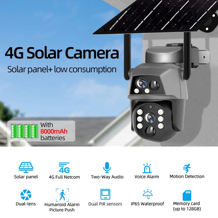Solar Camera 4G Sim Card Outdoor Dual Lens 8MP 4K IP Camara With Solar Panel CCTV Security Built in Battery PIR Motion Detection