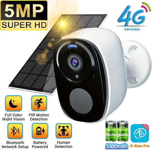 4G Solar Surveillance Camera Wireless Outdoor 2K 5MP Battery Powered Security Camera Spotlight Siren 2-Way Audio Waterproof