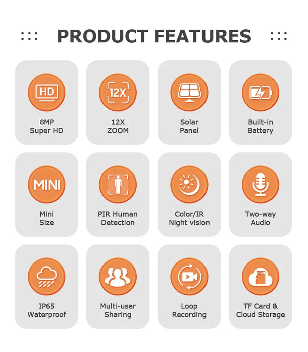 Solar Camera Security Cameras Wireless WIFI / 4G Solar Outdoor Camera 8MP 4K 12X Zoom SIM Human Detection Security Kamera