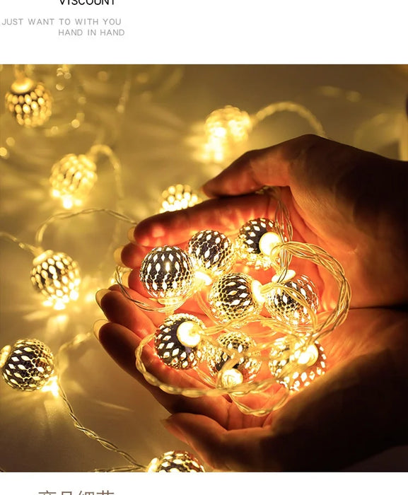 Solar LED String Lights Outdoor Iron Art Moroccan Ball Led String Lamp Gold Ball Silver Iron Round Ball