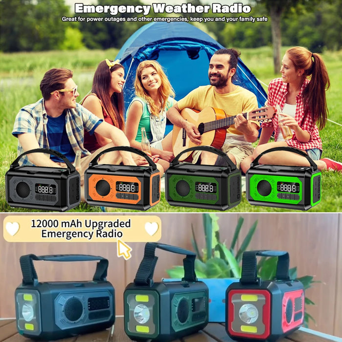 12000mAh Weather Radio AM/FM/NOAA Multifunction Radio Hand Crank Solar Portable Emergency Radio Reading Lamp for Outdoor Camping
