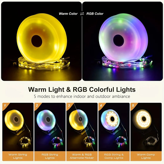 Solar Camping String Light 2 in 1 Rechargeable Camping Lamp 5 Mode Waterproof Portable Tent Lighting Outdoor Hiking Garden Decor