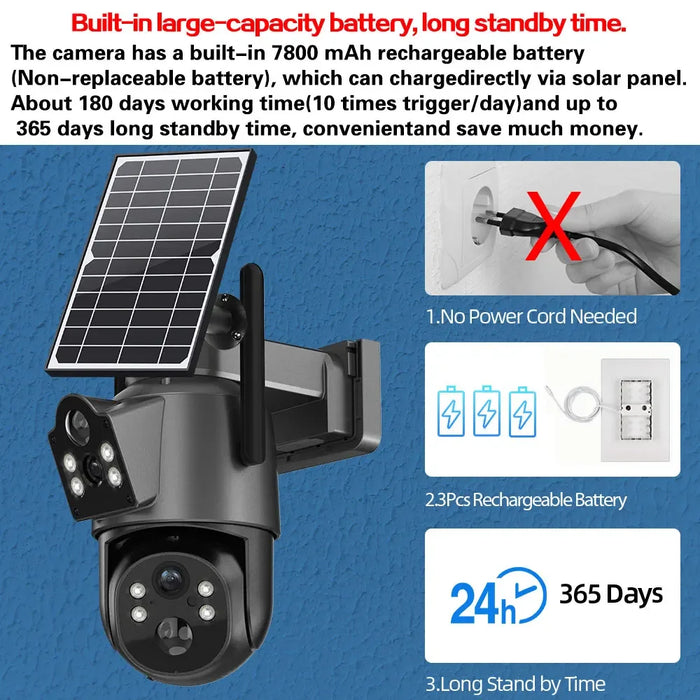 4K 8MP Wireless Solar PTZ Camera Dual Lens Color Night Vision Wifi CCTV Security Camera Built in Battery PIR Detection IP Cam