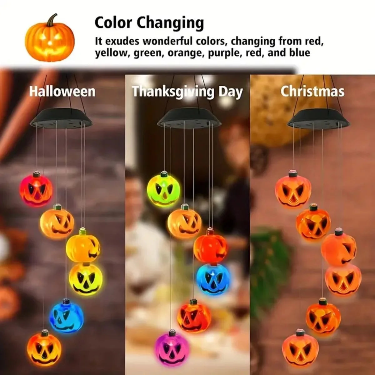 1PC Halloween Solar Wind Chimes Color Changing with 6 LED Pumpkin Waterproof Lights by Solar Powered Suitable For Holiday Party