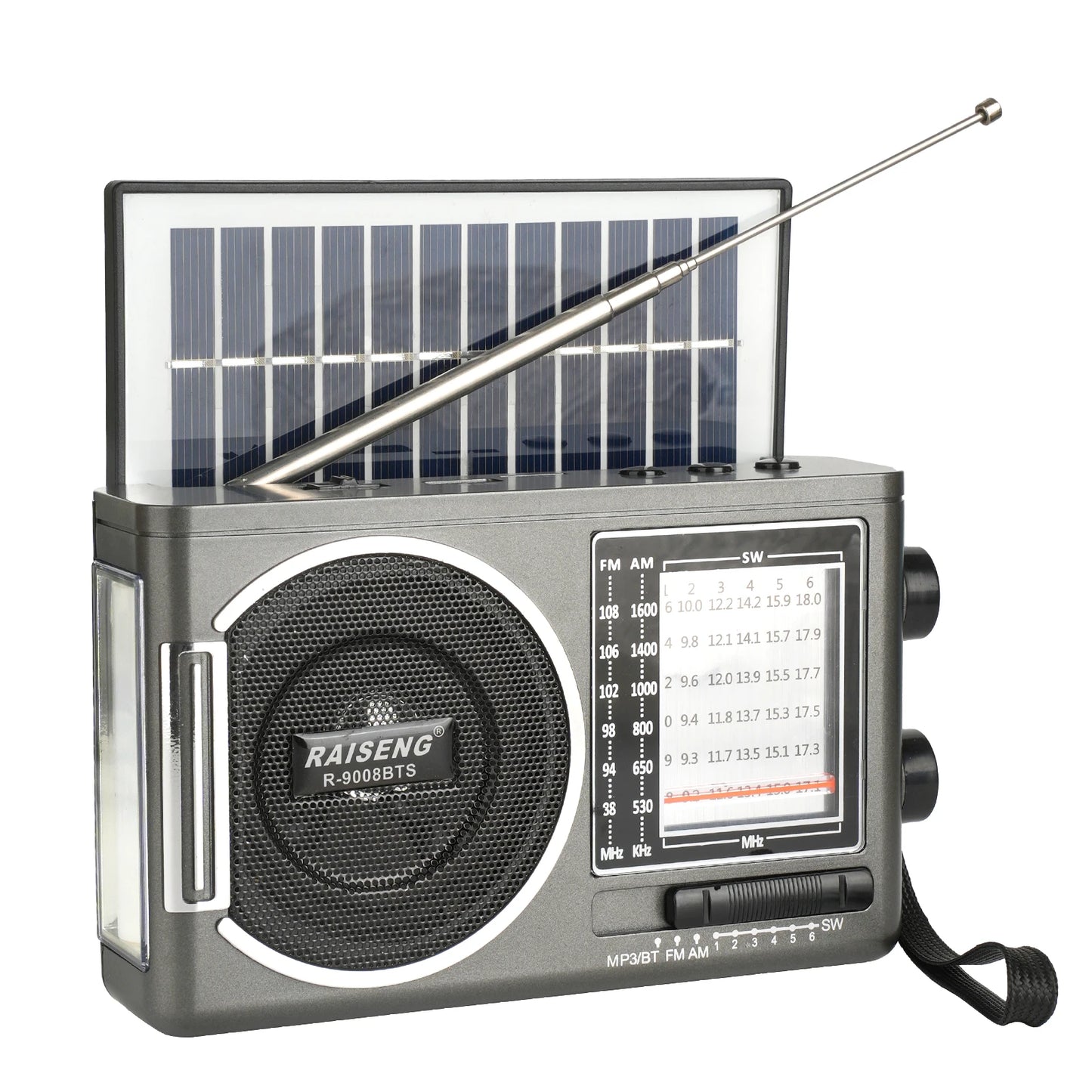 9008BTS classic solar radio, AM/FM speaker, USB/TF card interface, 3 charging methods, suitable for outdoor activities