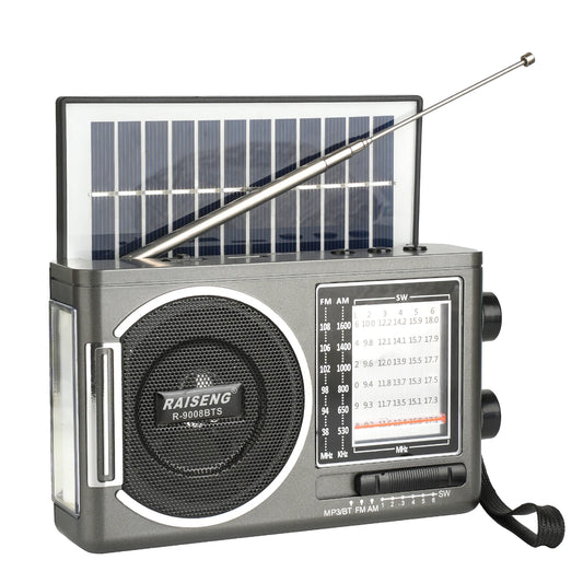 9008BTS classic solar radio, AM/FM speaker, USB/TF card interface, 3 charging methods, suitable for outdoor activities