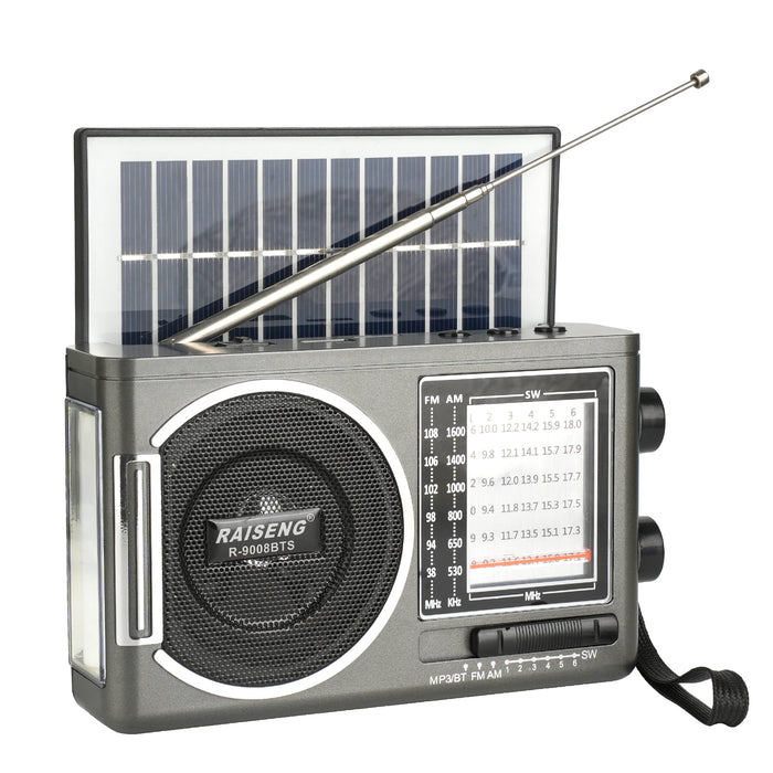 9008BTS classic solar radio, AM/FM speaker, USB/TF card interface, 3 charging methods, suitable for outdoor activities