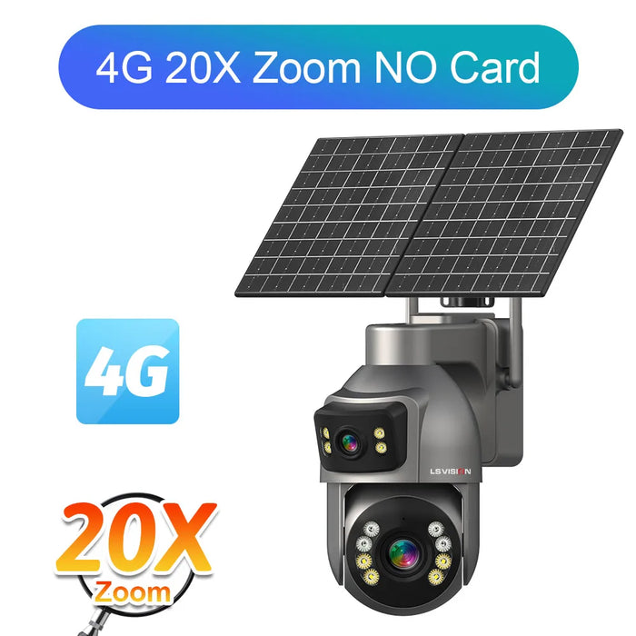 LS VISION 8MP 24/7 Video Recording AOV 4G Solar Camera Dual Screens Outdoor 20X Optical Zoom 50m Detection Distance CCTV Cameras