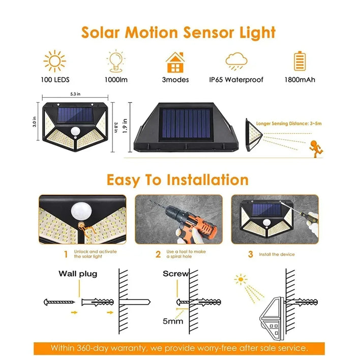 100 LED Solar Wall Lamp Wireless with Motion Sensor Human Waterproof Garden Decoration Spotlights Stairs Outdoor Wall Light