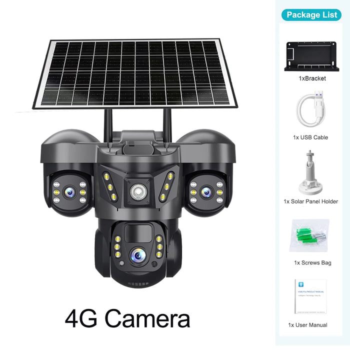 Solar Power 4G Camera With Europe Sim Card Triple Lens Three Screens Outdoor Waterproof Battery CCTV Security V380 Video Camaras