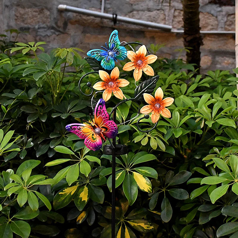 Solar Garden Lights Flowers Insect Decorative Garden Stakes Sun Lamp Waterproof Metal Yard Art Decor For Outside Lawn Yard Patio